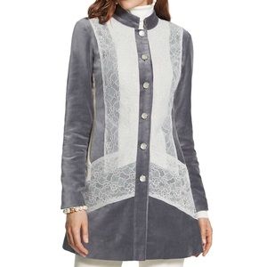 Chico’s Silver Treasure Artisan Duster Velvet and Cream Lace Jacket Size 1 (US8)
